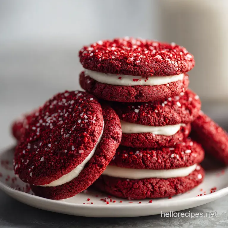 Stack of three tempting red velvet cookies with a dusting of powdered sugar, displayed on a modern white plate.