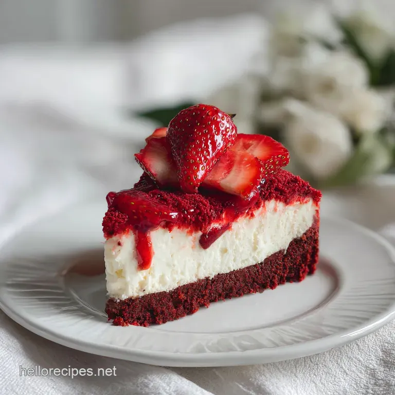 A tall slice of red velvet cheesecake with strawberry topping, showcased on a pristine white plate, inviting indulgence wi...