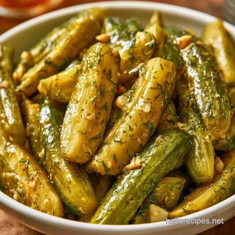 Neatly sliced translucent green pickles on a white plate, garnished with fresh dill and whole peppercorns.