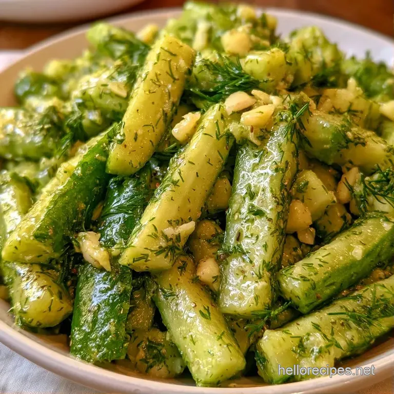 Vibrant green cucumber spears neatly arranged on a white ceramic plate garnished with fresh dill sprigs.