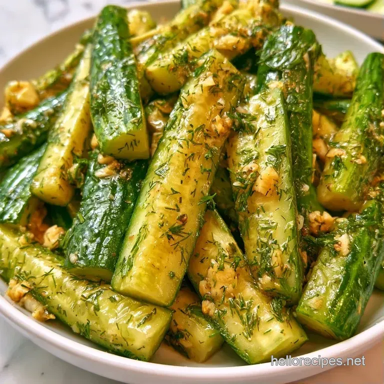 Crisp green pickle spears arranged on a white ceramic platter with fresh dill sprigs and scattered red pepper flakes.