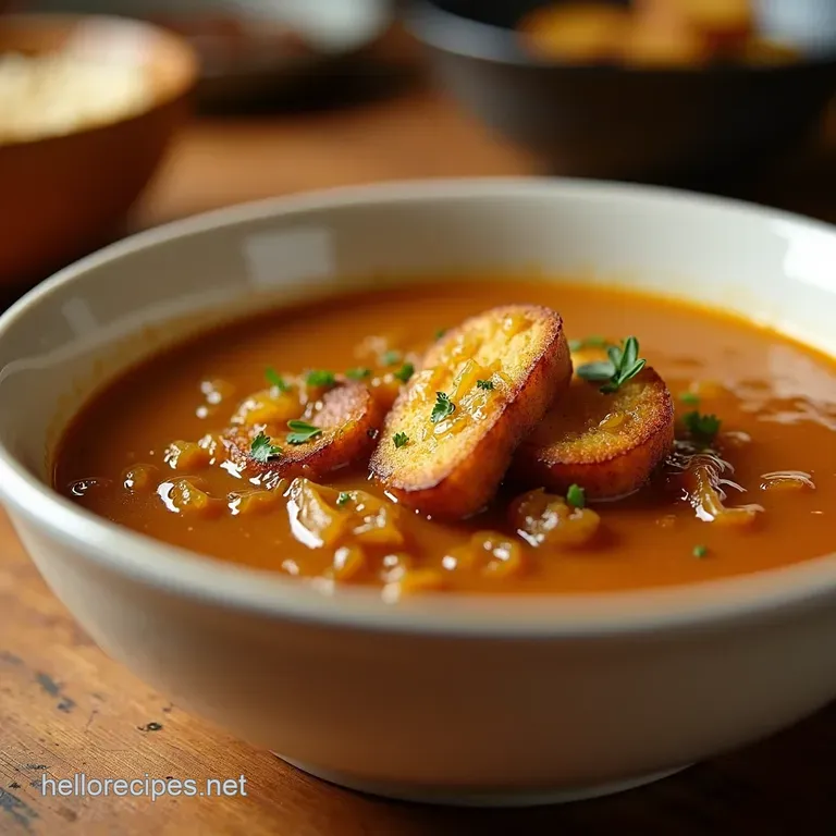 The Deep Dive Truly Rich Caramelised French Onion Soup with Gruy&egrave;re Croutons presentation