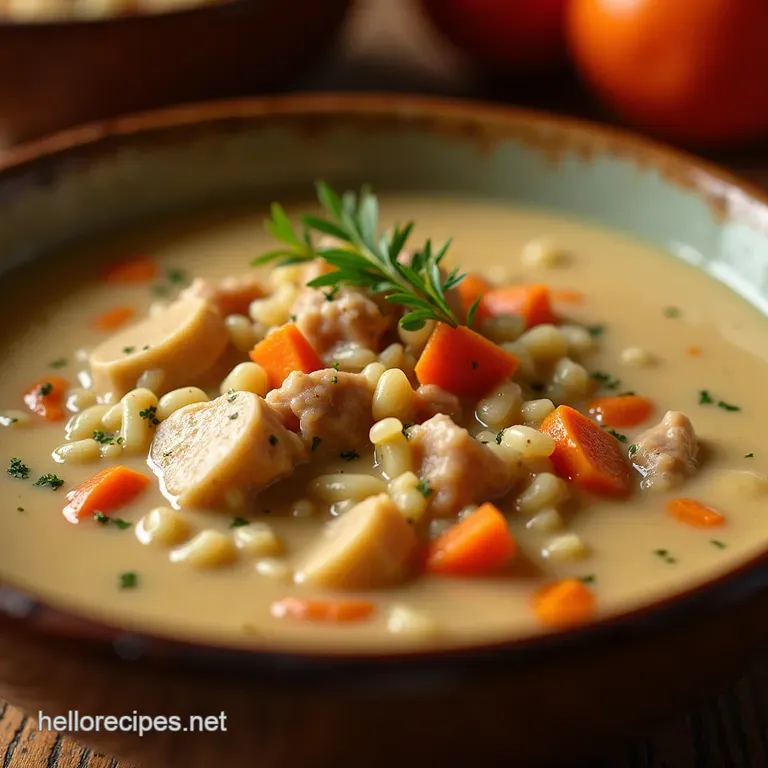 The Hearthside Classic Rich Creamy Turkey and Wild Rice Soup presentation