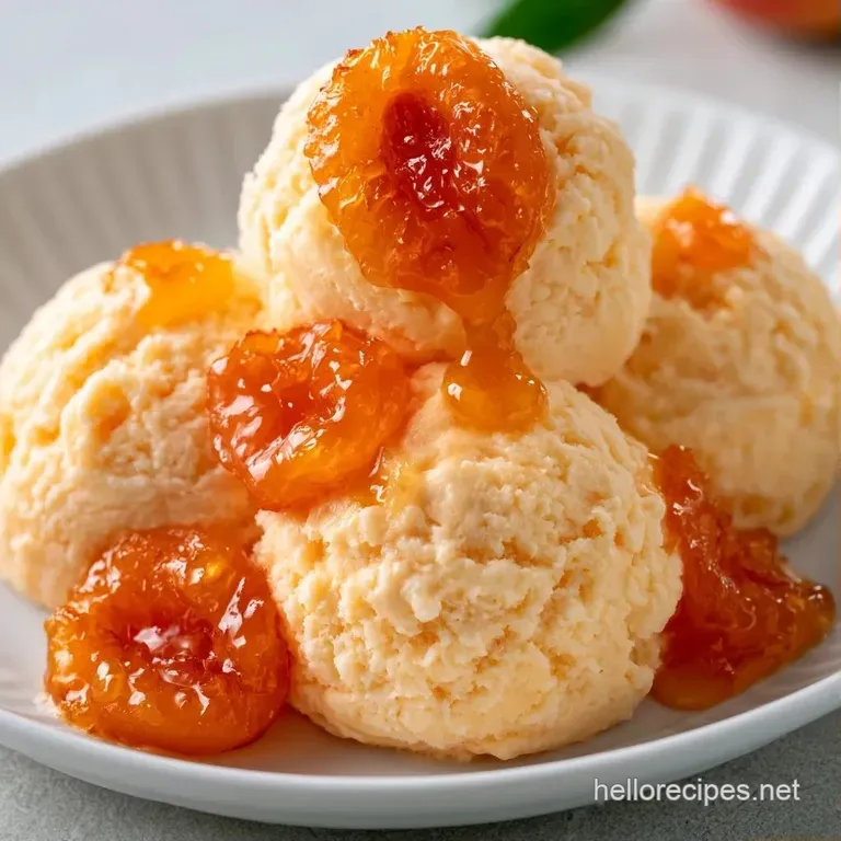 Two scoops of pale orange frozen dessert in a glass coupe, drizzled with honey and topped with warm apricots.