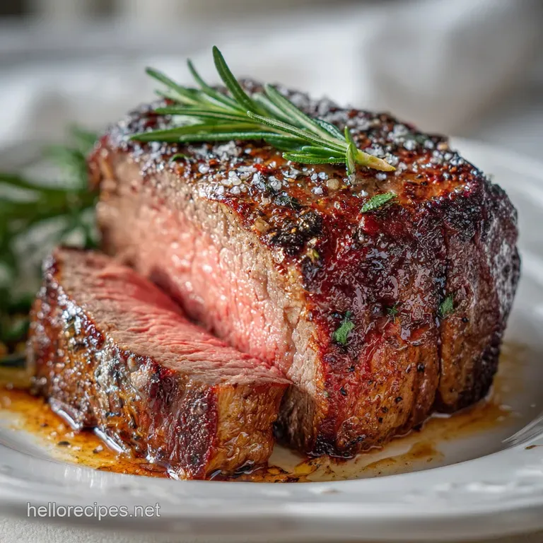 Elegant plate featuring a thick slice of juicy beef tenderloin, drizzled with rich sauce and garnished with rosemary sprig.
