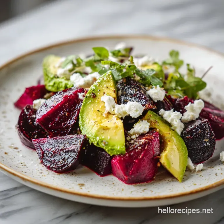 Elegant salad: jewel-toned roasted beets artfully arranged with smooth avocado slices, crumbled feta, and fresh greens on ...