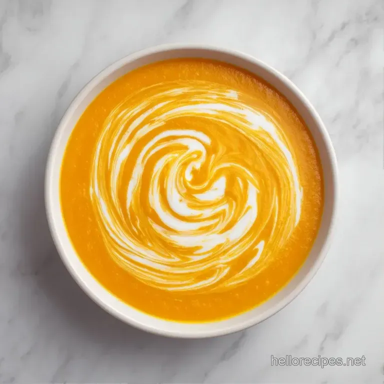 A velvet-smooth orange puree served in a ceramic bowl, topped with a dollop of creme fraiche and fresh microgreens.