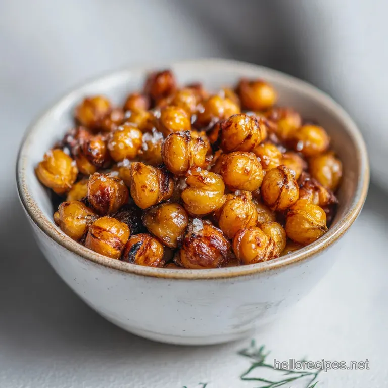 Pile of crackling roasted chickpeas in a small rustic bowl. Steam rises gently from the smoky, savory snack.