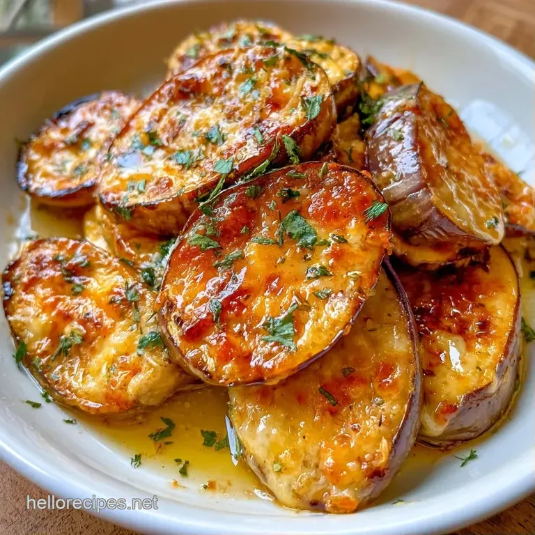 Neatly stacked eggplant rounds topped with melted cheese and a sprinkle of fresh green parsley on a dark slate plate.