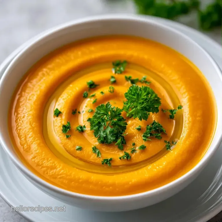 Elegant white bowl of golden-hued puree soup on a marble surface with a crusty piece of toasted sourdough bread.