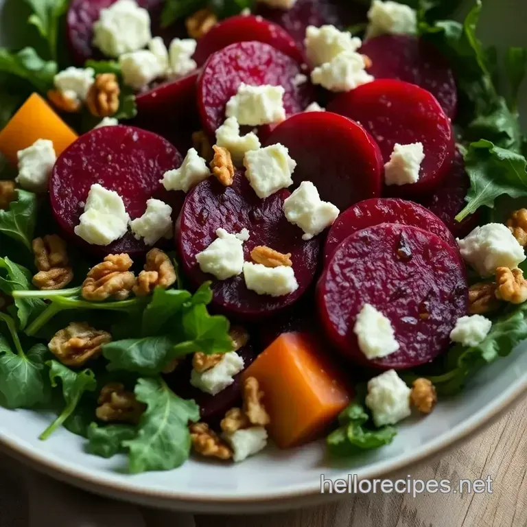 Roasted Golden Beet and Goat Cheese Salad with Honey-Lemon Dressing presentation