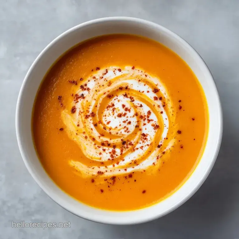 Vibrant orange velout&eacute; in a shallow bowl, garnished with a spiral of cream and golden toasted pumpkin seeds.
