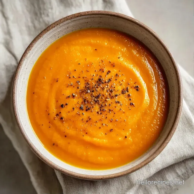 Velvety orange puree in a matte grey bowl, garnished with cream swirls and microgreens on a linen napkin.