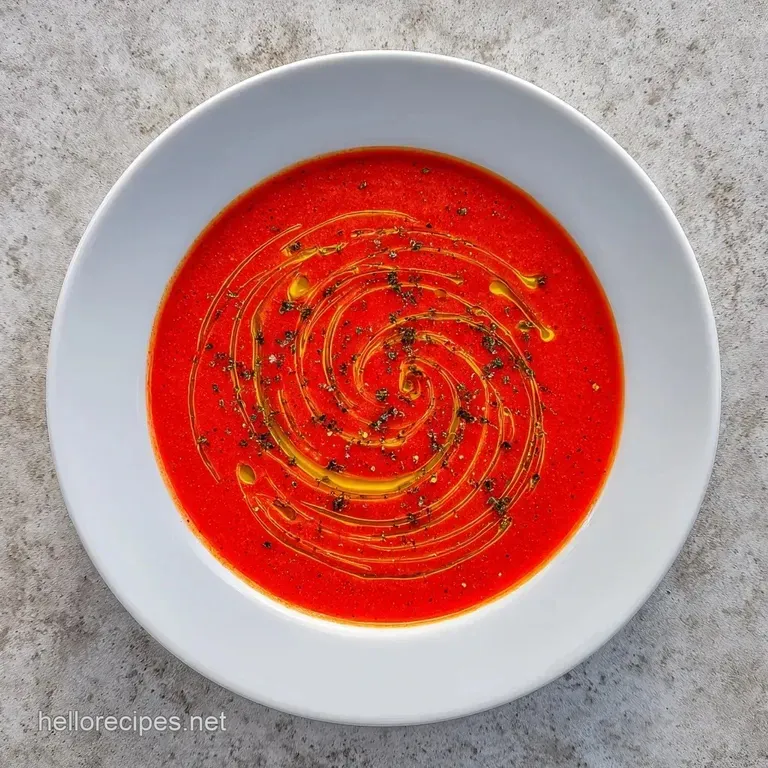 Deep red creamy soup in a white bowl served alongside crusty toasted bread and a silver spoon on a linen napkin.