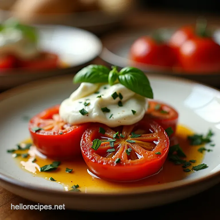 Sunkissed Slowroasted Tomatoes with Creamy Burrata Basil Drizzle presentation