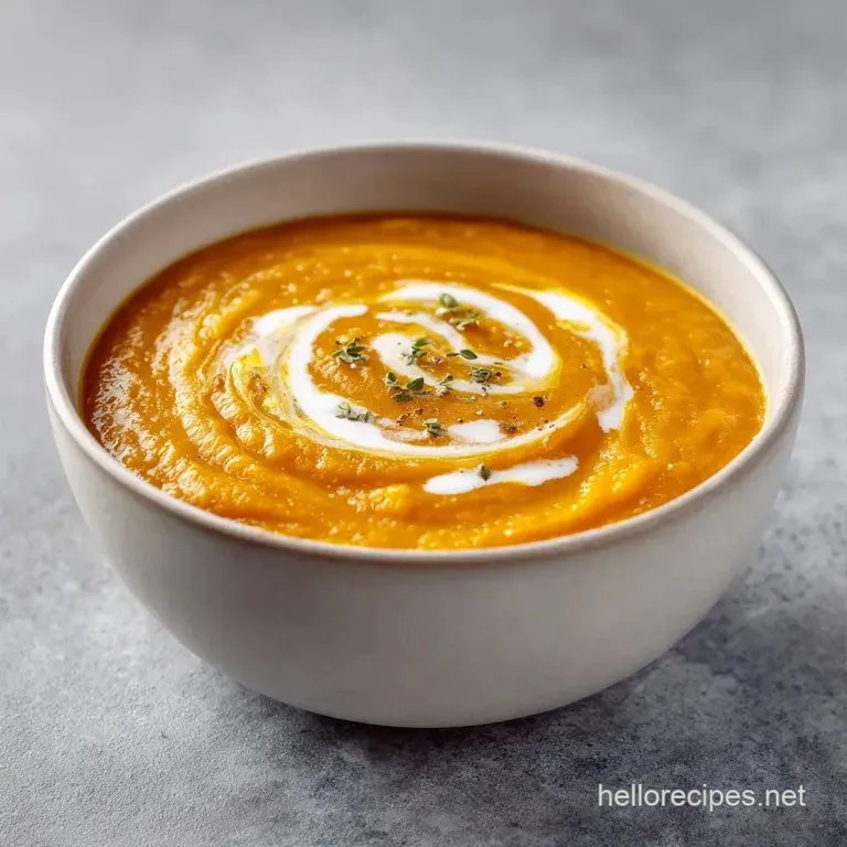 Vibrant orange puree in a white porcelain bowl, accented with a swirl of cr&egrave;me fra&icirc;che and a sprig of fresh thyme.