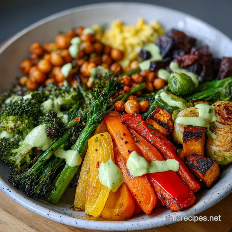A vibrant Buddha bowl with perfectly roasted root vegetables, leafy greens, and a generous dollop of creamy dressing, read...