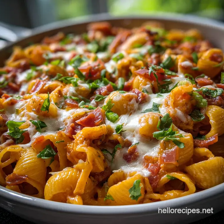 A swirl of creamy pasta, flecked with green and red, artfully plated. Garnished with fresh cilantro for a pop of bright, h...