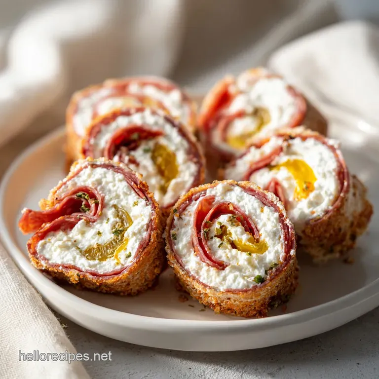 A platter of vibrant salami rolls, showcasing creamy interiors and glistening pepperoncini, ready to serve.