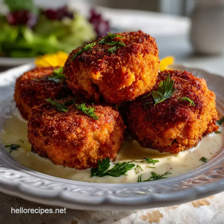 Delicate salmon croquettes drizzled with a creamy sauce and garnished with fresh herbs, a sophisticated and inviting prese...