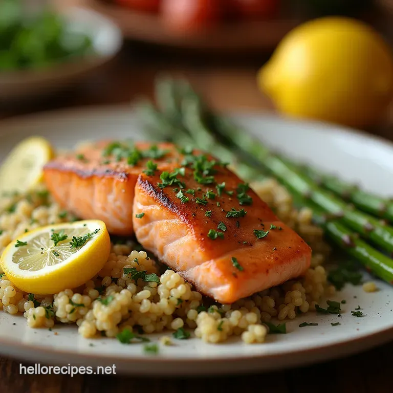 The 30Minute Lifesaver Speedy Lemonherb Salmon with Roasted Asparagus Quinoa presentation