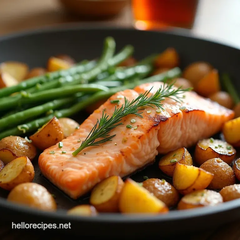 Onepan Wonder Lemondill Sheet Pan Salmon with Crispy Potatoes Tender Green Beans presentation
