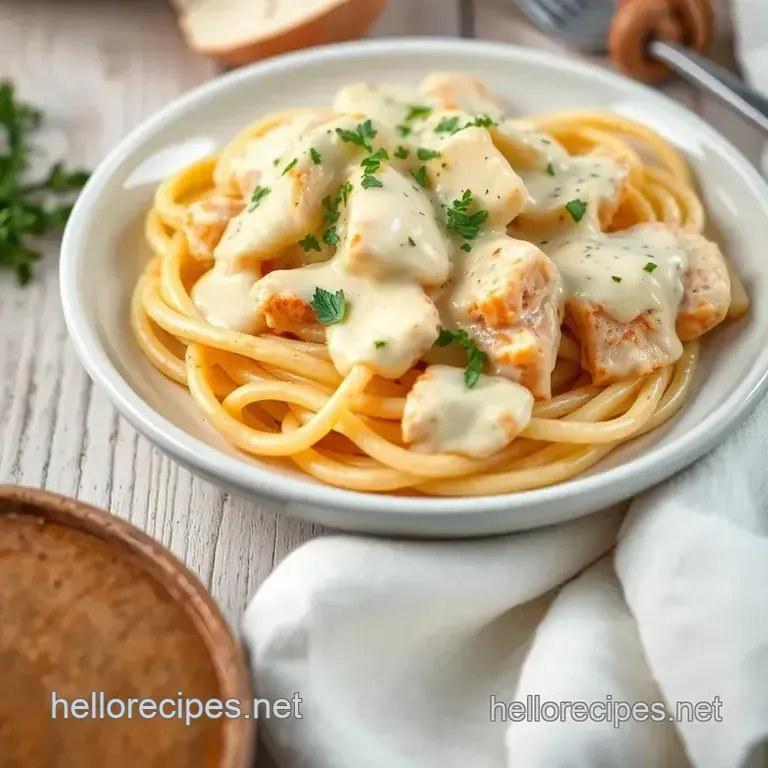 Saut&eacute;ed Chicken Pasta with Creamy Sauce presentation