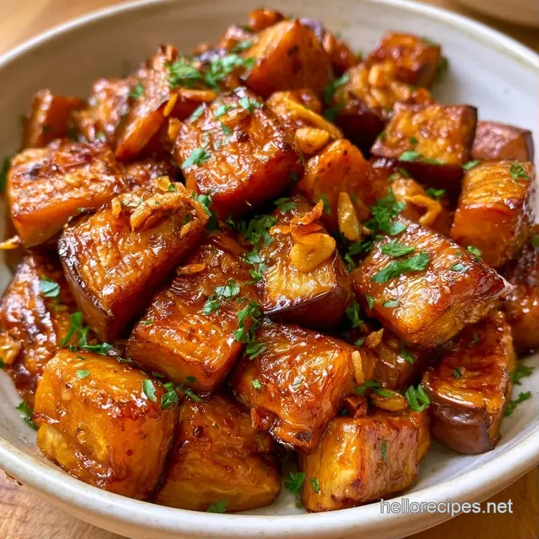 Golden-brown vegetable rounds stacked on a dark plate, topped with minced garlic and a sprinkle of fresh green herbs.