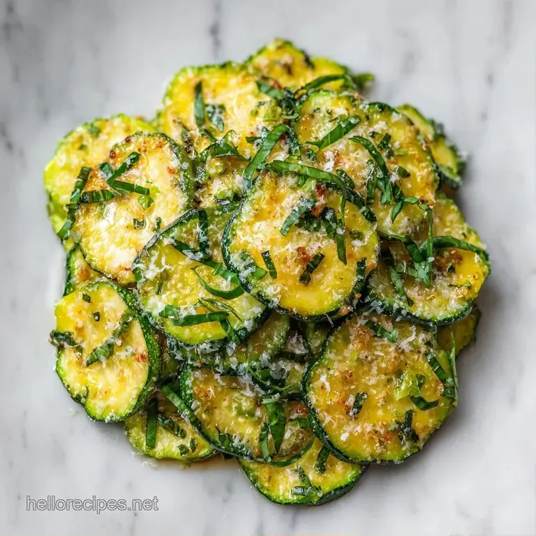 Vibrant green zucchini rounds stacked neatly on a white plate, garnished with fresh basil and a drizzle of oil.