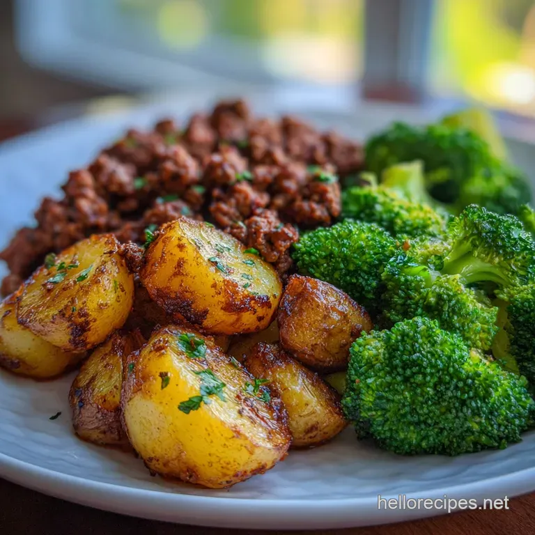 A fork lifts seasoned ground beef and a perfectly browned potato from a plate, steam rising, promising a hearty, delicious...