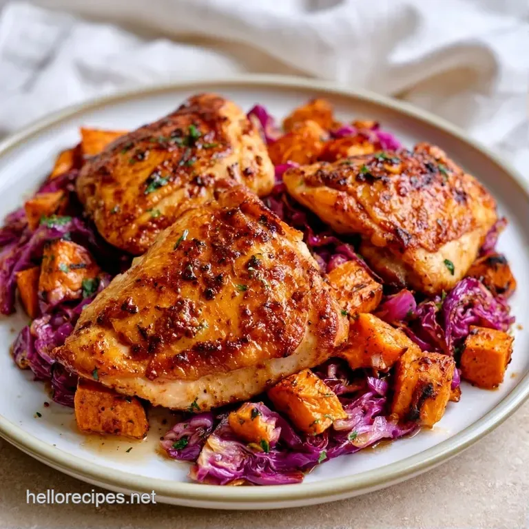 Golden roasted chicken breast atop a bed of tender purple cabbage, garnished with fresh herbs on a white plate.