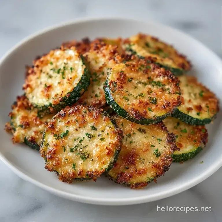 Tender roasted zucchini slices artfully arranged on a white plate, garnished with fresh parsley and bright lemon zest.