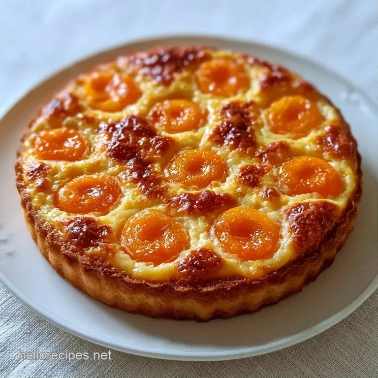 A slice of pale yellow custard cake topped with glazed orange apricots on a white ceramic plate with a mint leaf.