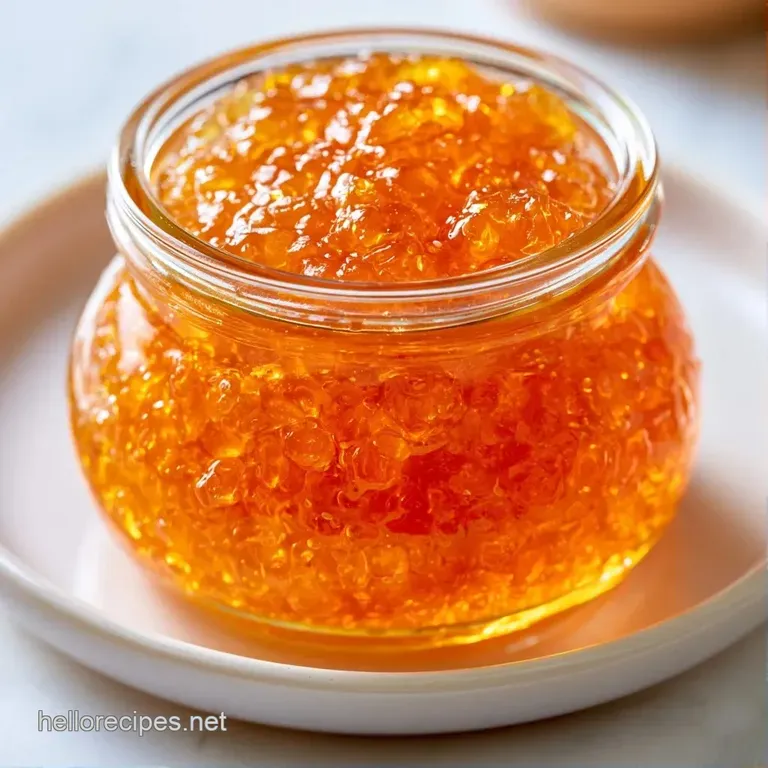 Glossy amber preserves spread on a crisp piece of toasted bread served on a white ceramic plate with a silver knife.