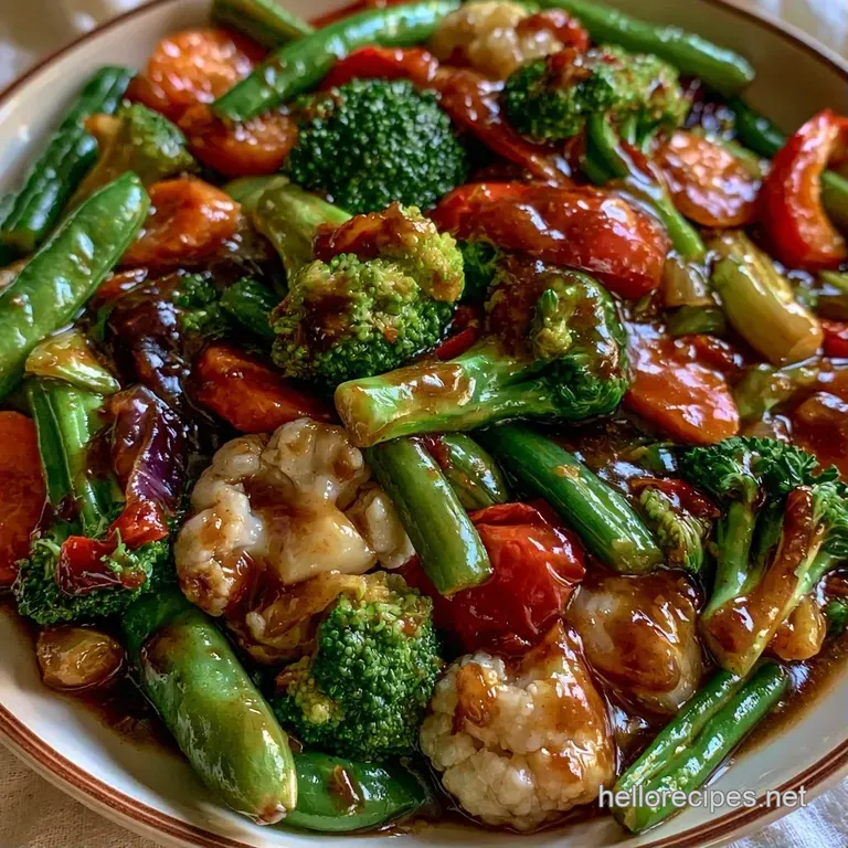 Colorful sautéed vegetables arranged in a white ceramic bowl topped with toasted sesame seeds and sliced green onions.
