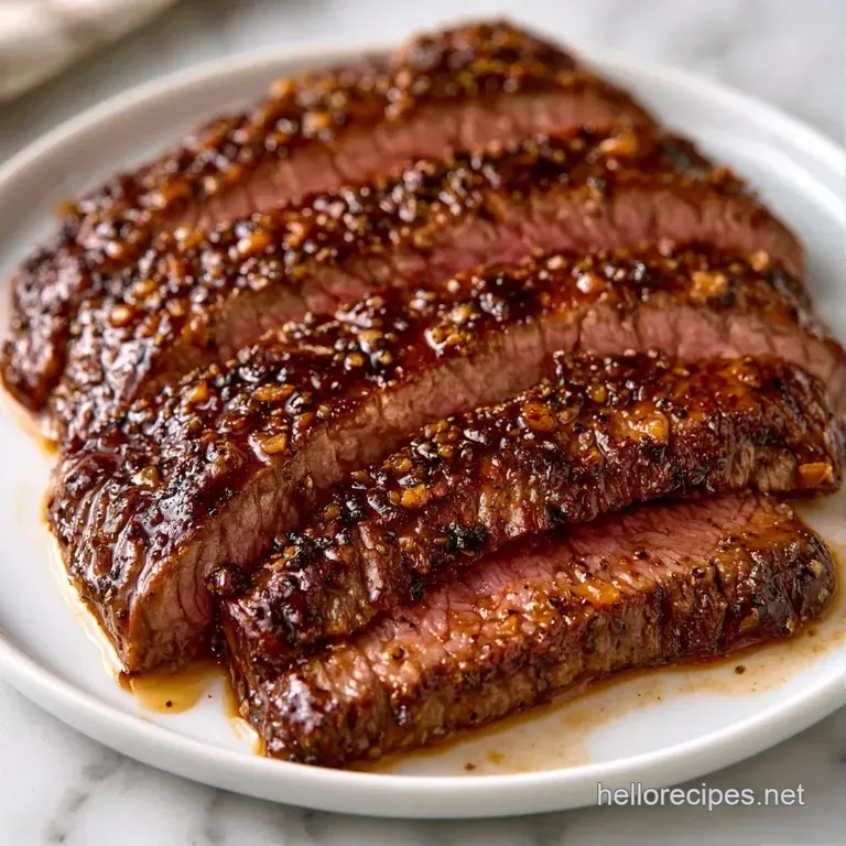 Slices of seared beef arranged neatly on a ceramic plate, drizzled with garlic butter and fresh parsley sprigs.