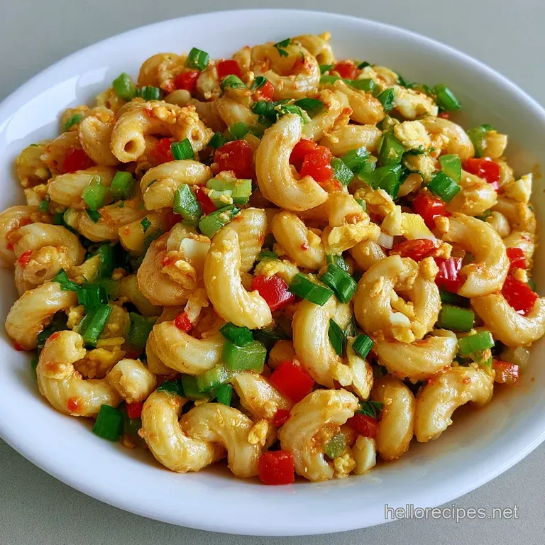 Chilled creamy pasta salad served in a wide bowl, garnished with red paprika and a sprig of fresh green parsley.