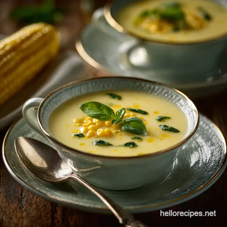 Simple Summer Corn Soup the Velvet Fresh Corn Basil Puree presentation
