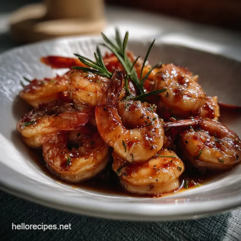 Perfectly grilled shrimp artfully arranged with a lemon wedge and sprigs of fresh herbs on a white plate. Textures of juic...