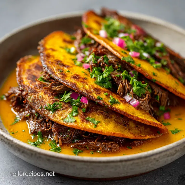 Stacked birria tacos oozing melted cheese, garnished with chopped cilantro and diced white onion on a white plate.