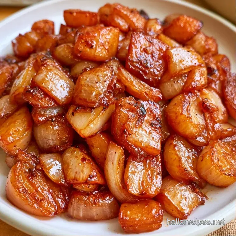 A small heap of rich, amber-colored sautéed onions topped with a pinch of fresh thyme on a white ceramic saucer.