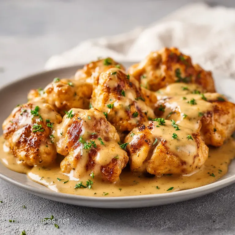 Plated succulent chicken thighs smothered in glossy brown gravy, garnished with chopped herbs on a rustic plate.
