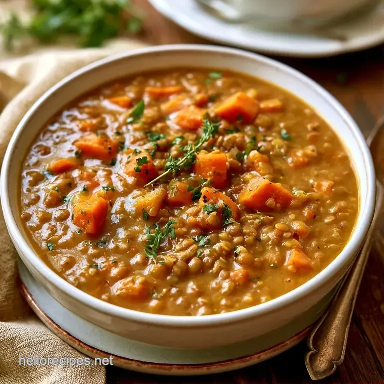 Thick, earthy brown soup in a white bowl, garnished with fresh herbs and served with a side of crusty bread.