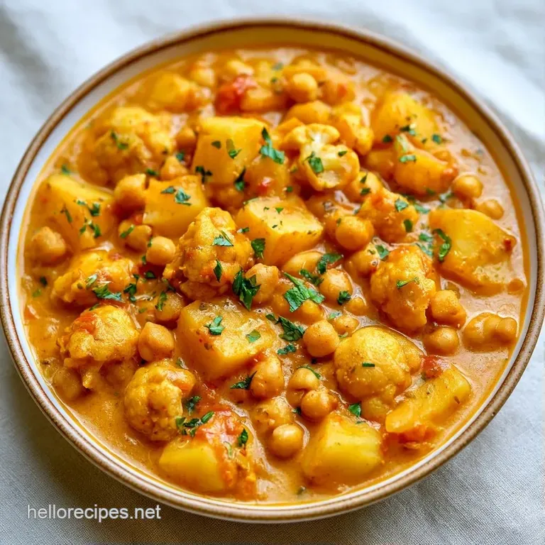 Golden vegetable curry in a white ceramic bowl, garnished with fresh cilantro and a swirl of thick coconut cream.
