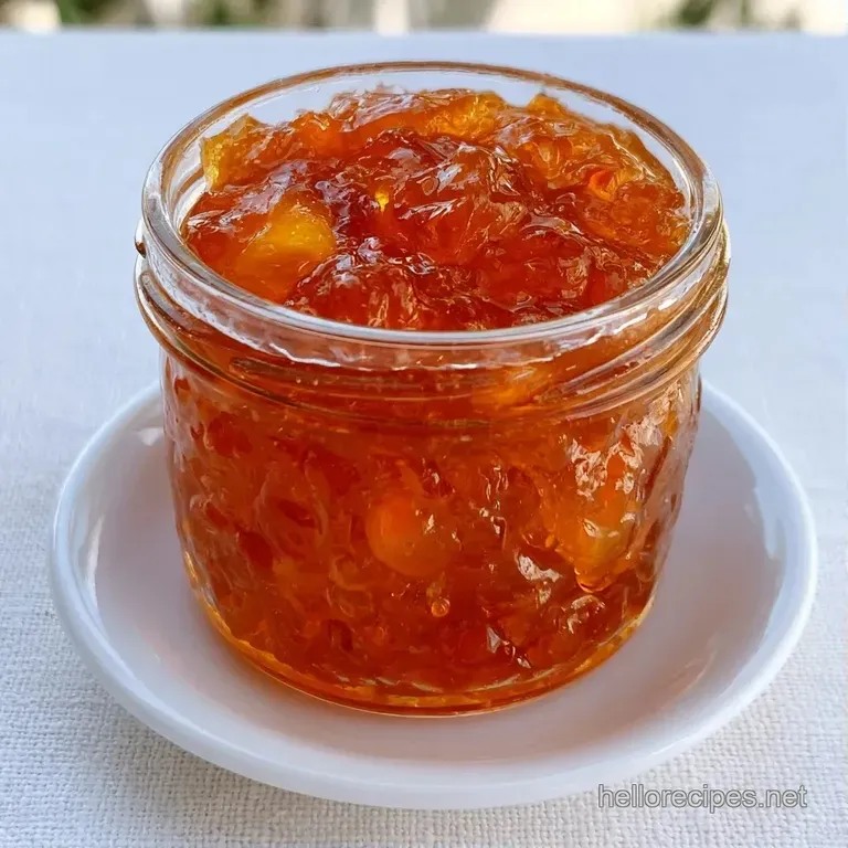 Thick, golden-orange jam spread over toasted sourdough, served with fresh apricot halves on a white plate.