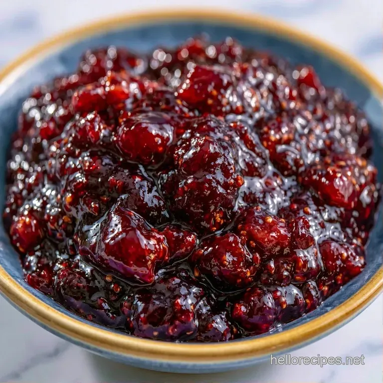 Glossy burgundy fruit preserves spread on a toasted baguette slice next to a wedge of creamy brie and fresh figs.