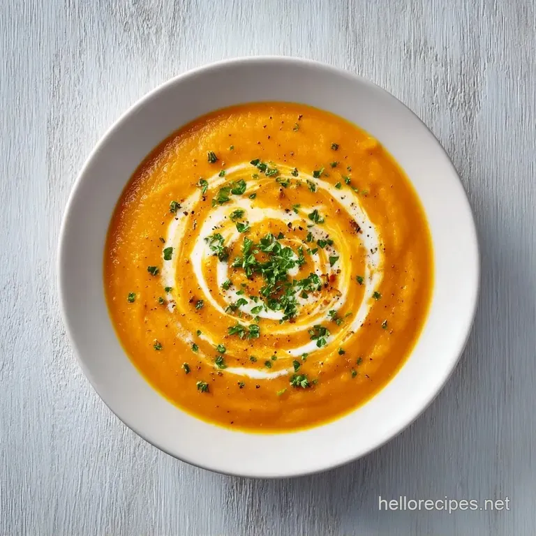 Elegant white bowl filled with golden-orange puree, topped with a drizzle of oil and delicate microgreen leaves.