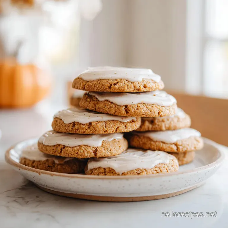 Warm pumpkin cookies artfully arranged with dollops of fluffy cream cheese frosting and a sprinkle of cinnamon.