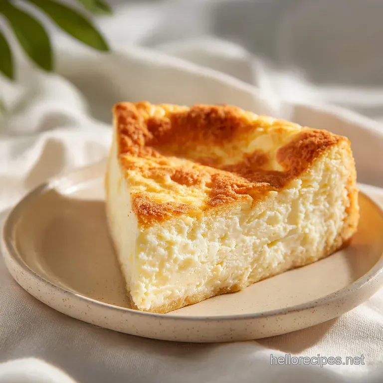 A generous slice of creamy cheesecake pie with a crisp, golden crust, artfully arranged on a white plate.