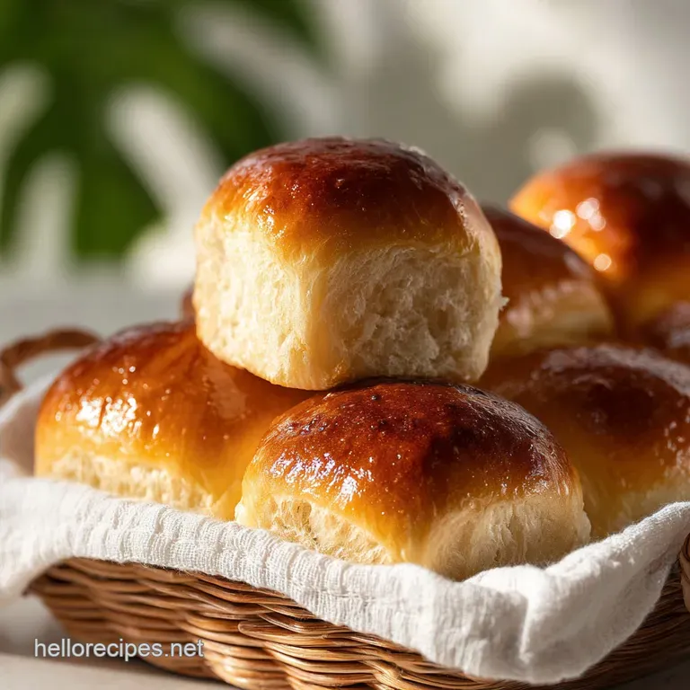 Stack of warm, golden Hawaiian rolls on a wooden board. Melting butter glistens on top, suggesting soft, tender bread.